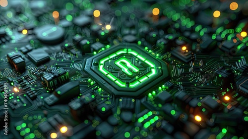 Digital green power switch icon on futuristic background, digital lines on background, black background, 3d blender