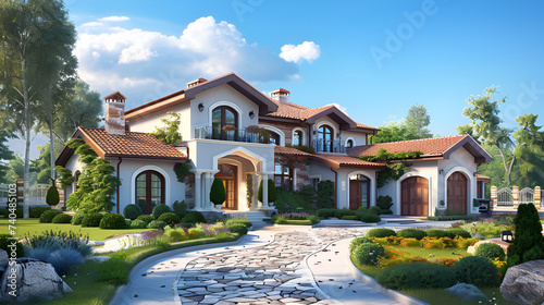 3D illustration. new house with garden. spring time , 3d rendering modern classic house with luxury design garden
