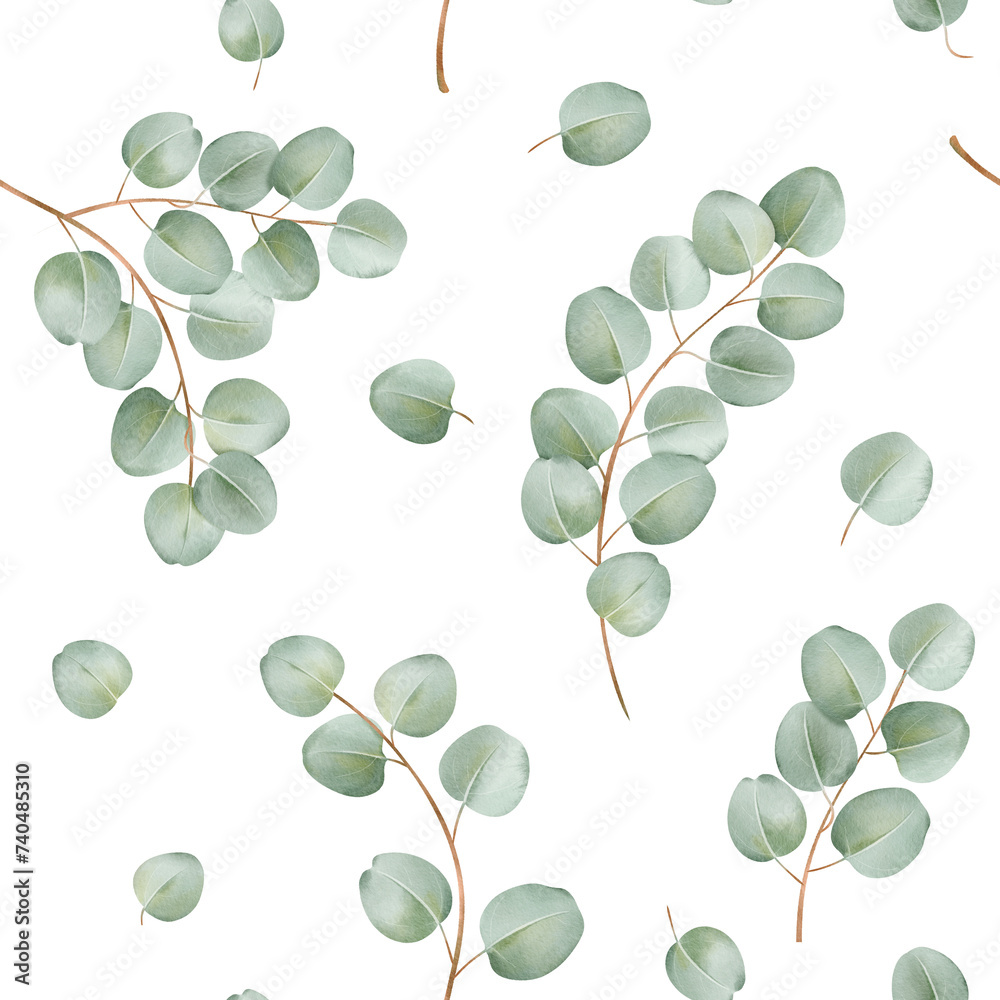 Obraz premium Seamless pattern watercolor eucalyptus branches. for wallpaper, fabric design, stationery, packaging for bringing natural charm and depth to creative project