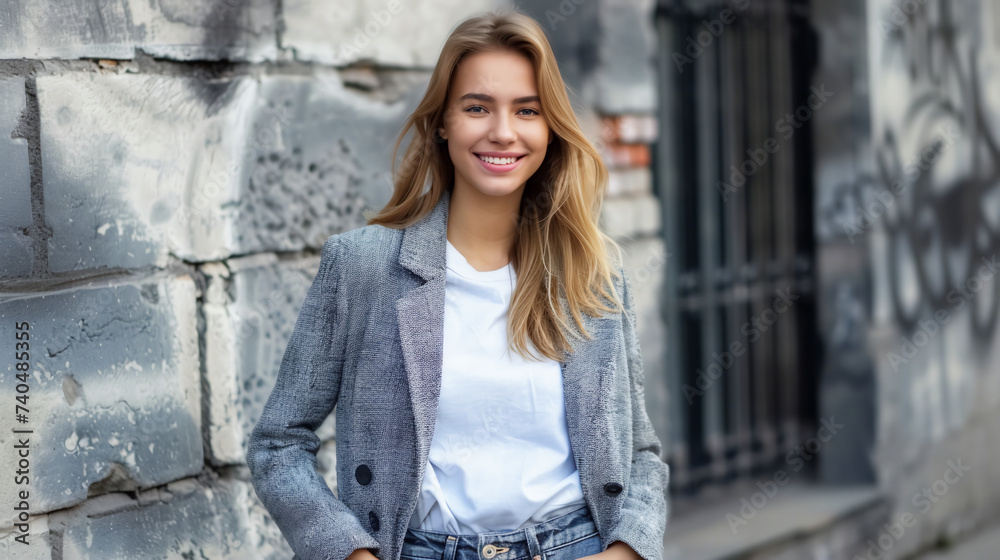 Stylish Businesswoman Outdoors Portrait of a fashionable lady with gray dress, blonde hair, and a confident look against a brick wall backdrop Stylish Businesswoman Outdoors Portrait of a fashionable lady with gray dress, blonde hair, and a confident look against a brick wall backdrop