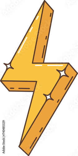 Cartoon retro groovy hippie lightning zigzag symbol of 1970s counterculture with yellow color and a free-spirited energy. Isolated vector flash bolt echoing an era of peace, love, and electric vibes