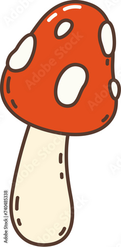 Cartoon retro groovy hippie mushroom. Isolated vector psychedelic, hallucinogenic amanita or fly agaric fungus with red cap, white spots and chunky stem, symbol of free-spirited nostalgic hippy era