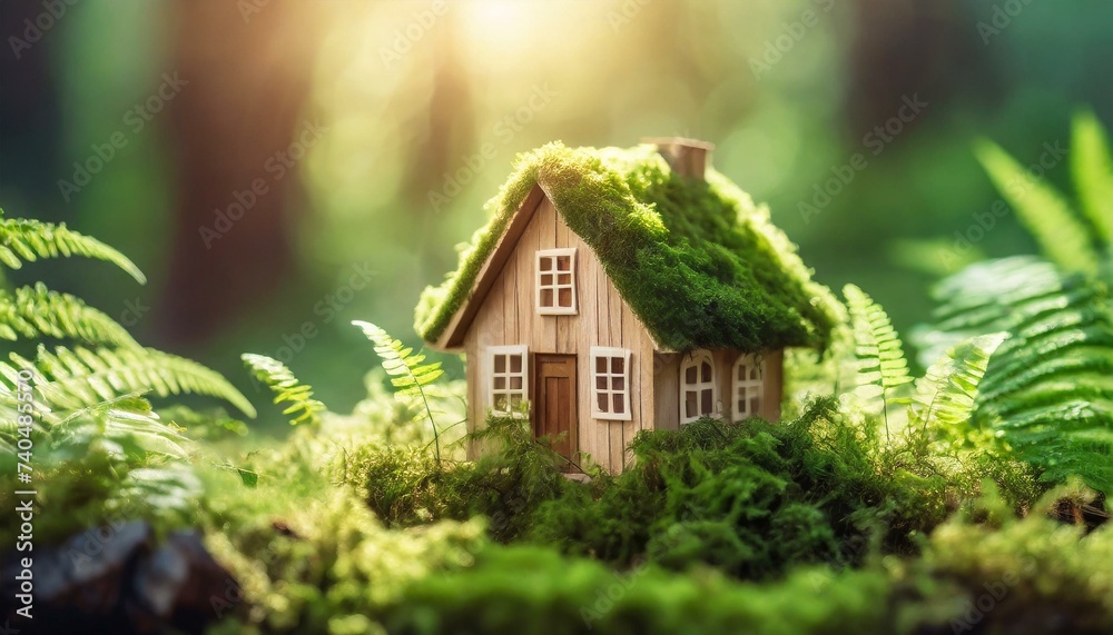 Sustainable Sanctuary: Embracing Eco-Friendly Living with a Miniature Wooden House in Nature's Embrace" - obrazy, fototapety, plakaty 