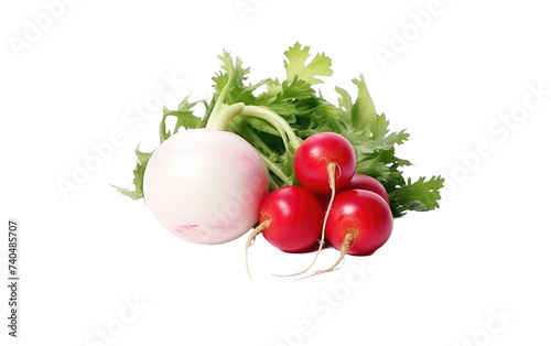 A photo featuring a group of radishes, celery, and a singular radish. Isolated on a Transparent Background PNG.