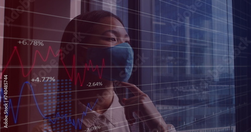 Image of financial data processing over asian businesswoman with face mask in office