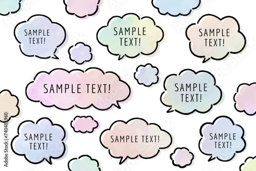 もくもくした雲の形をした吹き出しの線画、モクモクとしたフキダシのベクターイラスト、水彩画風イラスト