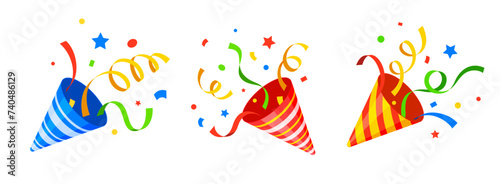 Birthday popper striped cone, holiday party firecracker with confetti and ribbon. Isolated cartoon vector vibrant shooter bursts of joy, releasing festive confetti to celebrate the special occasion photo