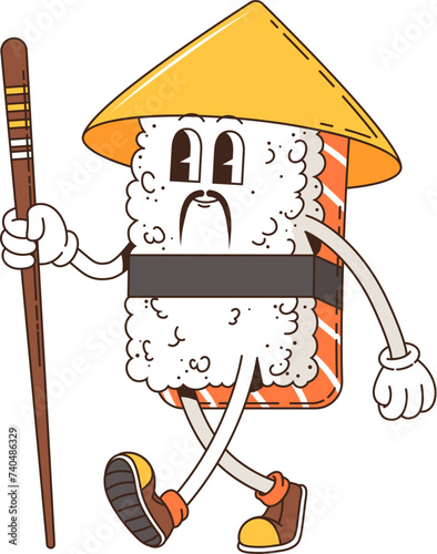 Cartoon retro groovy sushi character in hippie funky art of 60s and 70s, vector comic personage. Funny groovy sushi as old wise man or samurai in Japanese hat and chopstick as retro groovie character