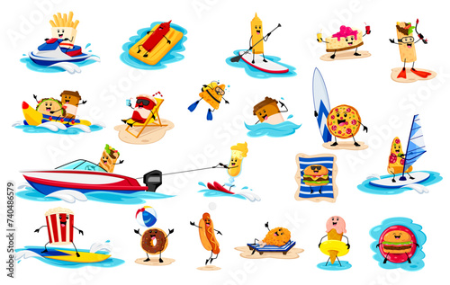 Cartoon fast food character on summer vacation. Vector french fries, ketchup, mustard, pie and burrito. Taco, coffee and soda drink, nachos, pizza, cocktail with ice cream, burger or pop corn on beach