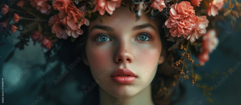 Beautiful young woman with vibrant flowers in her hair embracing nature and beauty