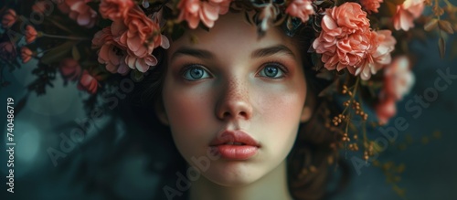 Beautiful young woman with vibrant flowers in her hair embracing nature and beauty