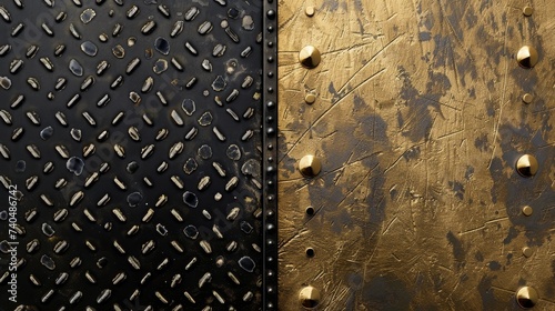 Divided into Two Halves Left Side is Dark Industrial Diamond Plate Pattern Heavy Duty Application, Right Side Textured Gold Surface with Visible Aged Patina created with Generative AI Technology photo