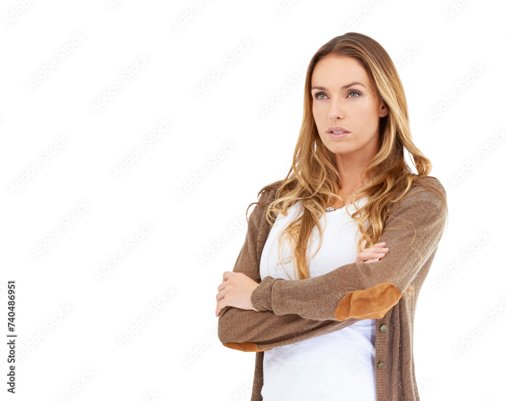 Casual fashion, confidence and woman in studio with arms crossed, thinking and mockup space. Calm face, relax and weekend style for serious woman with idea, reflection and insight on white background Casual fashion, confidence and woman in studio with arms crossed, thinking and mockup space. Calm face, relax and weekend style for serious woman with idea, reflection and insight on white background
