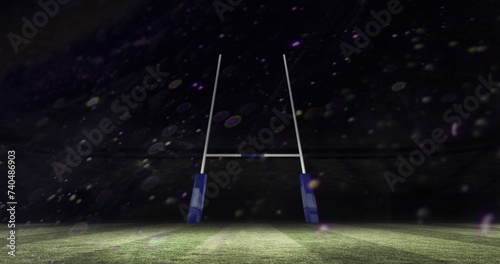 Image of scanner processing data over rugby goal on pitch