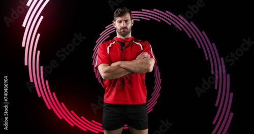 Image of red line spiral rotating with portrait of caucasian male sportsman