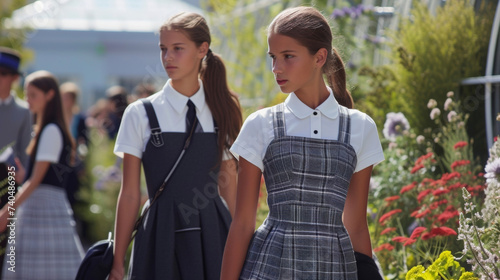 A preppy polo layered under a pinafore dress adding a youthful touch to the classic look. photo