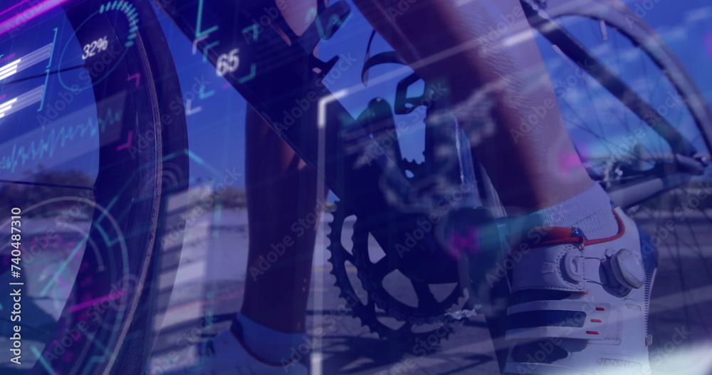 Image of interface and data processing over feet of cyclist