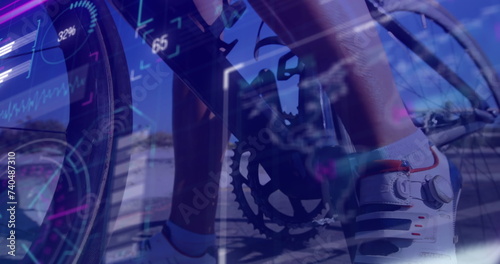 Image of interface and data processing over feet of cyclist