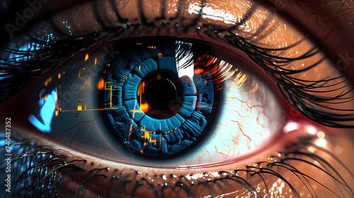 Close-up of human eye with advanced cybernetic enhancements  symbolizing future vision technology
