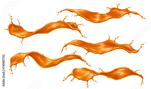 Caramel sauce wave, syrup swirl splash or flow with drops. Orange sauce, melted caramel or syrup wave isolated 3d vector droplets. Honey whirl realistic ripples or falling splatters frozen motion