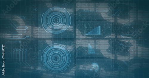 Image of scopes scanning and diagrams over blue grid