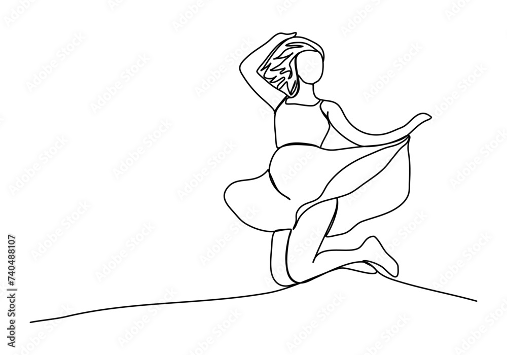 Woman in dress jumps, one line drawing vector illustration. Woman in dress jumps, one line drawing vector illustration.