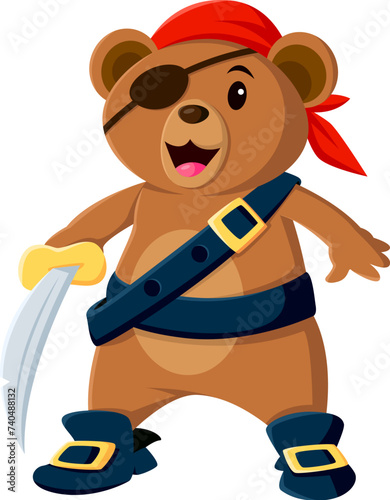 Cartoon bear pirate animal character in corsair outfit, brandishes a gleaming saber. Isolated vector personage wear playful eye patch, red bandana and a mischievous grin, ready for daring adventures