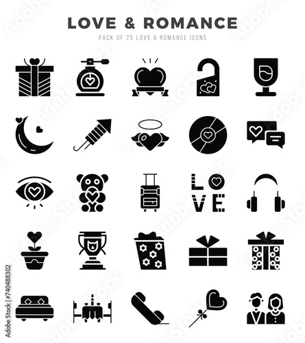 Set of simple Glyph Love & Romance Icons. Glyph art icons pack.