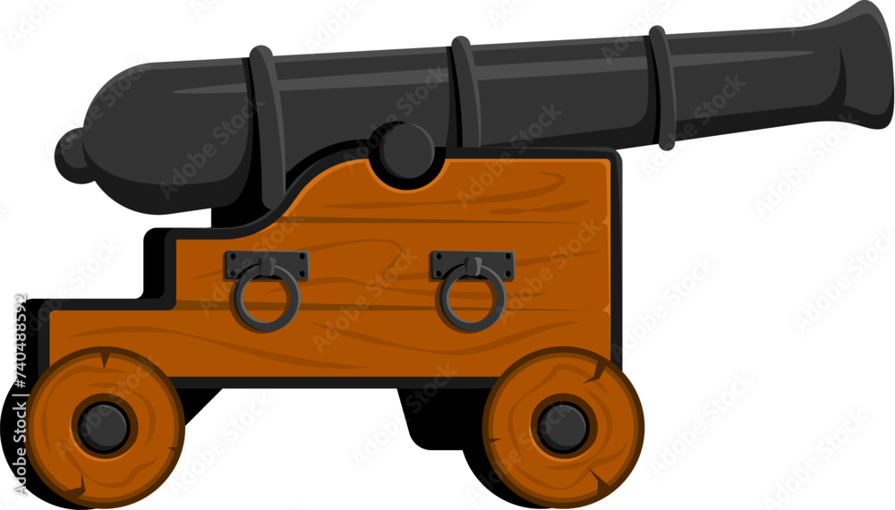 Cartoon cannon, isolated vector vintage pirate weapon of war, poised for battle. Retro, antique military artillery piece, reminiscent of medieval and corsair warfare, ready to fire its iron cannonball