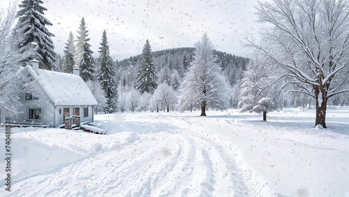 Scandinavian snow landscape, small house, traces of sledding. wallpaper loop video.