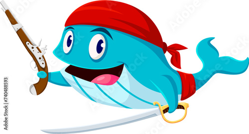 Cartoon blue whale pirate corsair animal character brandishes a gleaming sword and a flintlock pistol, wearing red bandana and belt. Isolated vector cute and funny sea sperm buccaneer personage