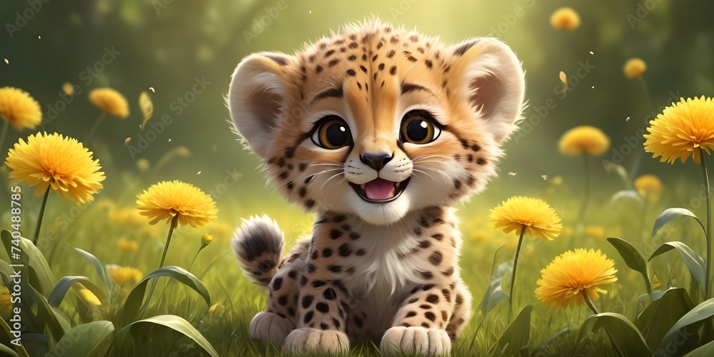 Closeup banners of Adorable Baby Cheetah Surrounded by Beautiful yellow flowers, Beautiful cute baby animal wallpapers, Cute baby animals for kids wall art