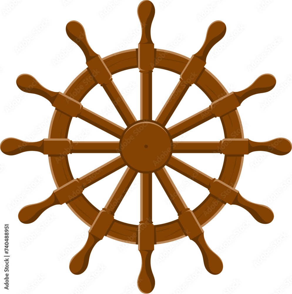 Cartoon ship steering wheel. Isolated vector wooden boat helm with