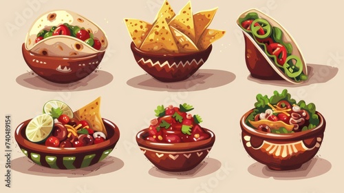 Mexican food set in retro cartoon vector style taco and burrito nachos with salsa bowl 