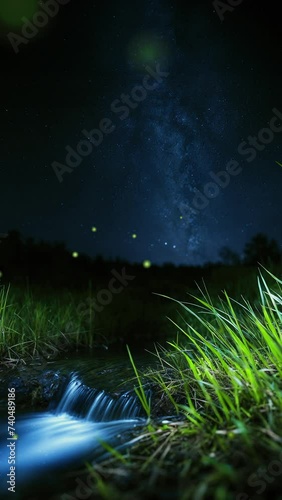 The sight of a stream with many fireflies dancing wildly, and the Milky Way in the night sky. mobile wallpaper video, loop