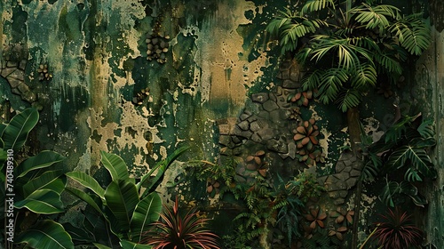 green plants on a wall art in the forest wallpaper background, in the style of realism with surrealistic elements, aerial view, baroque-inspired chiaroscuro, sony alpha a7 iii, enigmatic tropics, anal