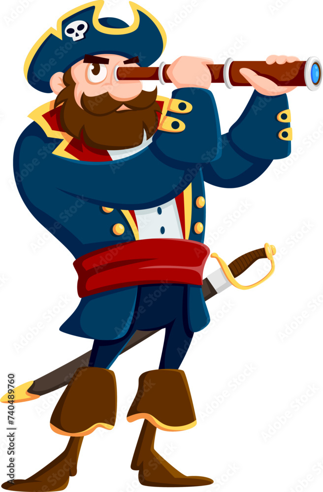 Cartoon sea pirate sailor and corsair captain character. Isolated vector rover personage peers intently through a spyglass, with saber on belt, tricorn hat, and mischievous grin under a bushy beard Cartoon sea pirate sailor and corsair captain character. Isolated vector rover personage peers intently through a spyglass, with saber on belt, tricorn hat, and mischievous grin under a bushy beard