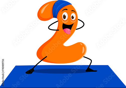 Cartoon math number two character on yoga fitness sport. Isolated vector lively, flexible 2 numeral yogi personage stretching its curves and angles turning mathematics into a playful learning practice