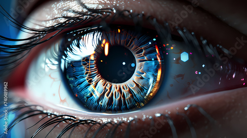 Close-up of human eye with advanced cybernetic enhancements, symbolizing future vision technology