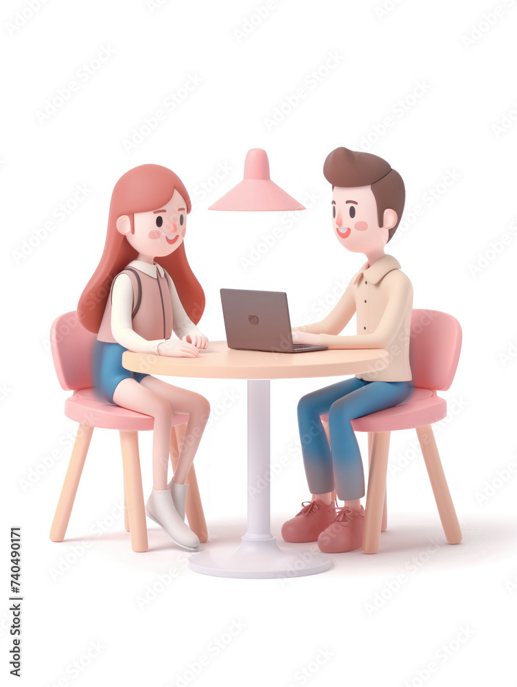 A girl and a guy are sitting at a table and working at a laptop. 3D style. Isolated against a white background.
A girl and a guy are sitting at a table and working at a laptop. 3D style. Isolated against a white background.