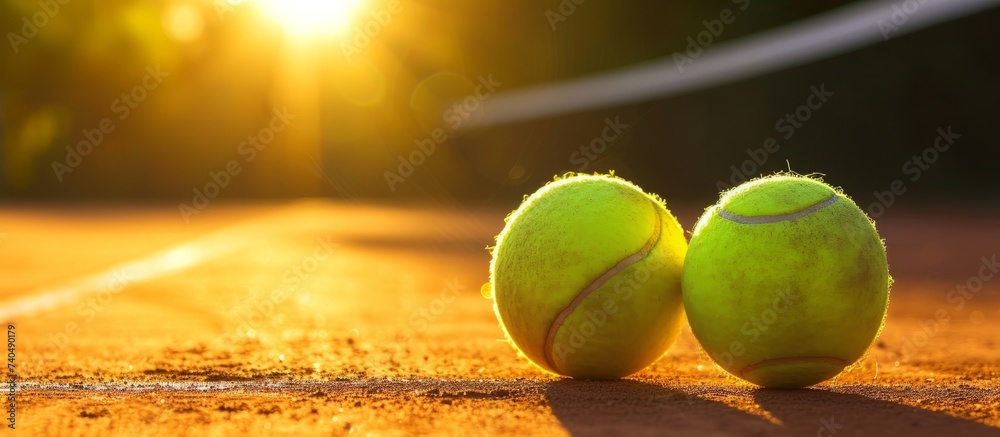 Two bright green tennis balls lying on a freshly painted tennis court under the sun