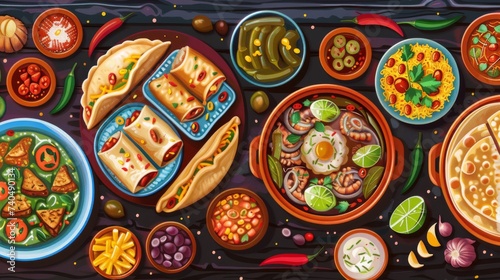 Set of national dishes of mexico collection mexican meals mollete pozole pambazo empanadas 