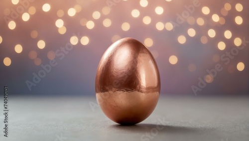 A shiny copper egg sits atop a weathered grey surface, a symbol of rebirth and new beginnings during the joyous spring holidays photo