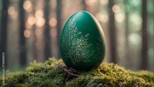 A vibrant green egg, adorned with a delicate tree motif, rests like a spherical gem, evoking a sense of growth, harmony, and natural beauty photo