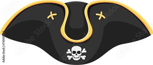 Cartoon pirate captain tricorn hat, adorned with Jolly Roger skull and crossbones. Isolated vector buccaneer cocked cap with curved brim, accentuating the rover swashbuckling charm on the high seas