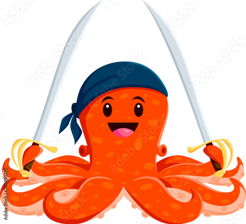 Cartoon pirate octopus animal character. Isolated vector comic sea devilfish corsair personage with sabers in its tentacles, wears mischievous smile, and a sailor bandana, ready for adventurous games