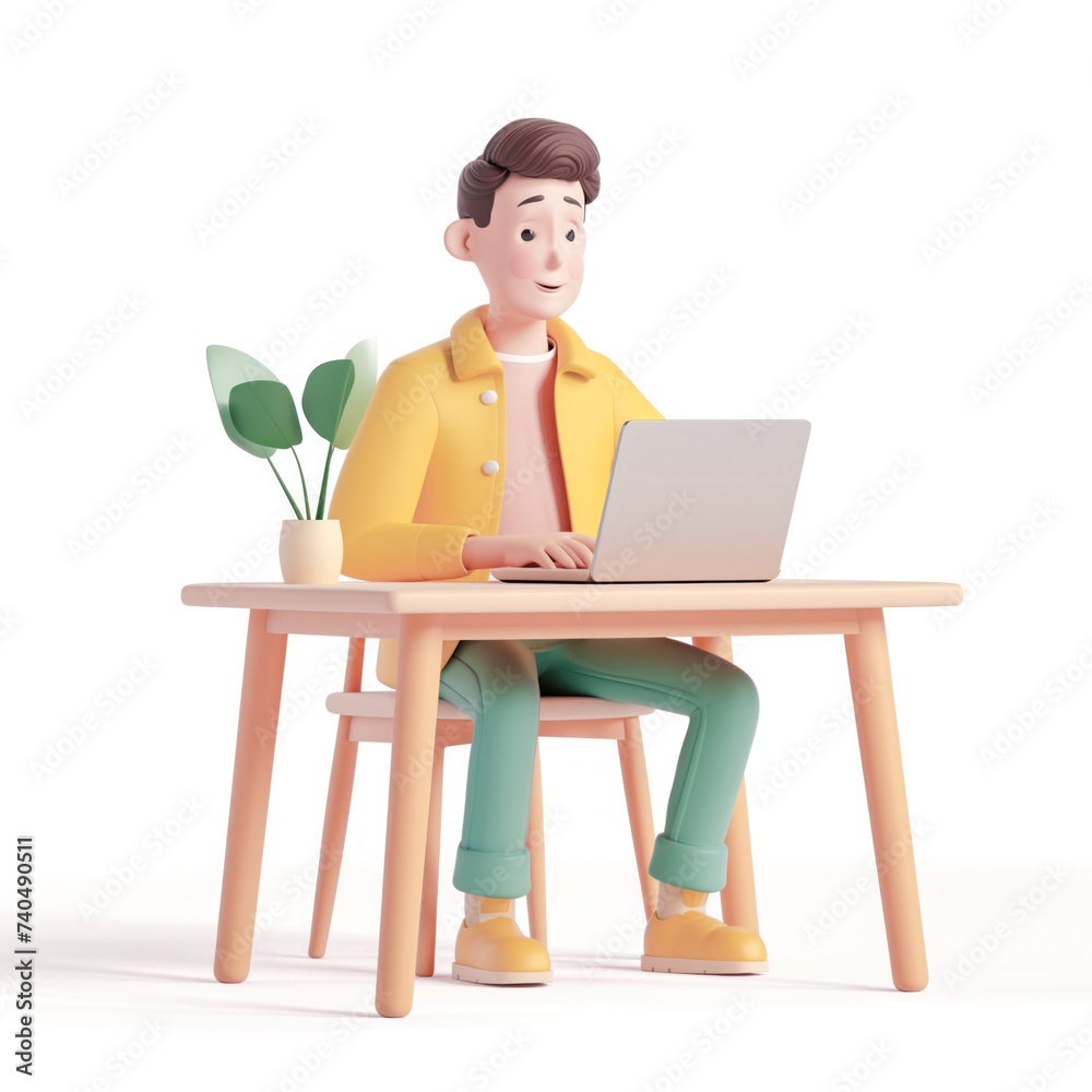 A man sits at a table and works on a laptop. Isolated on a white background.
A man sits at a table and works on a laptop. Isolated on a white background.
