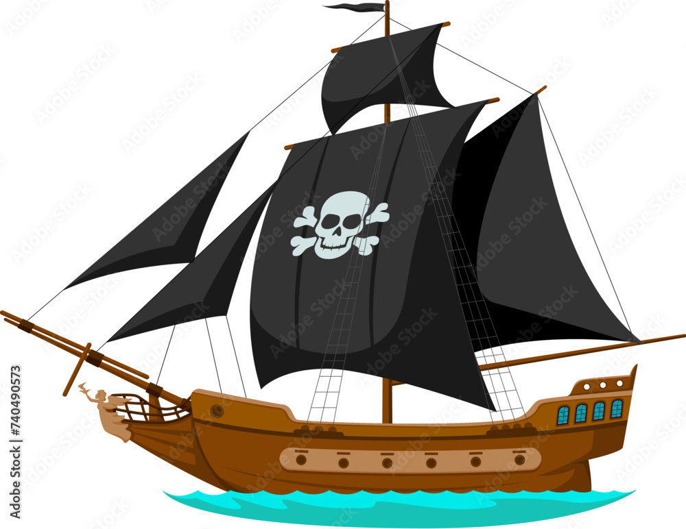 Cartoon sea pirate corsair sailing ship. Isolated vector old frigate ...