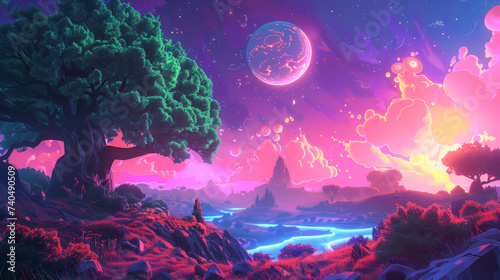 A dreamlike digital painting showcasing a vibrant  fantasy landscape with a glowing river  neon flora  and a mystical planetary body overhead.