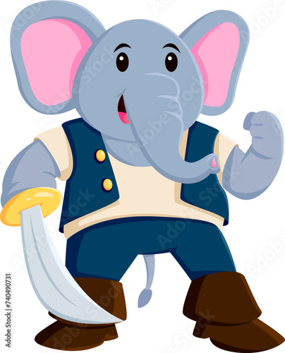 Cartoon elephant pirate animal character wields a saber with a mischievous grin. Isolated vector tropical personage wearing sailor costume and boots, ready for adventure and searching hidden treasures